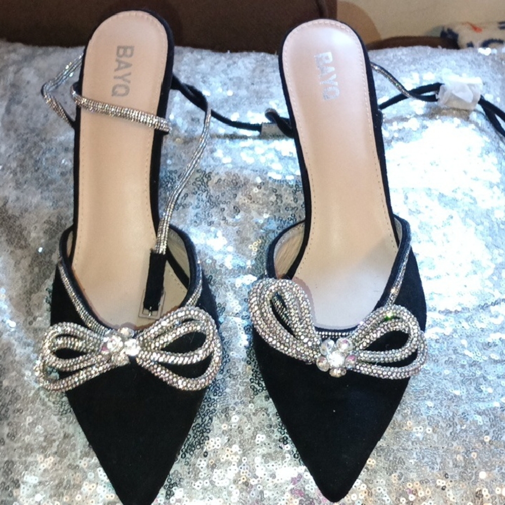Black Heels with Silver Bow Accents